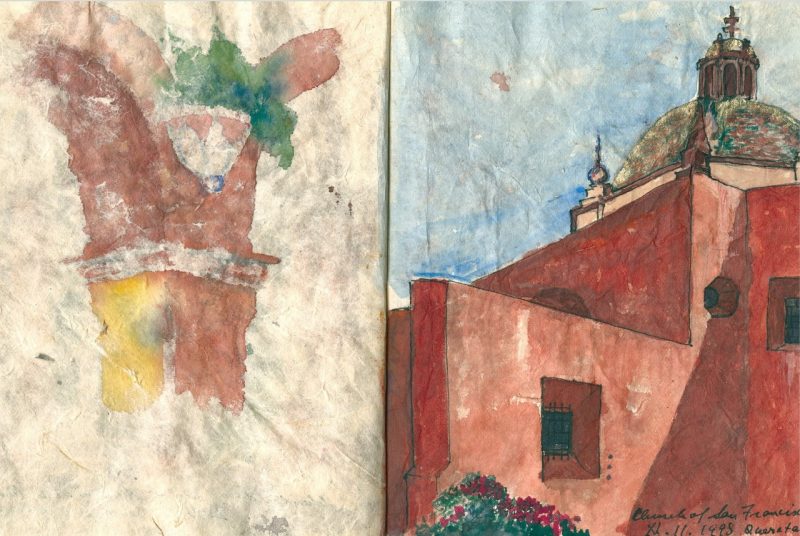 Watercolor drawing from a two-page spread of a notebook depicting an exterior coroner and arch of a stone building.